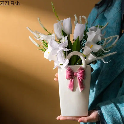 Modern bowknot ceramic vase handbag decor living room flower pot
