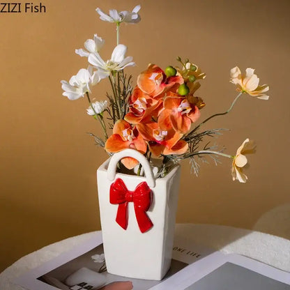 Modern bowknot ceramic vase handbag decor living room flower pot