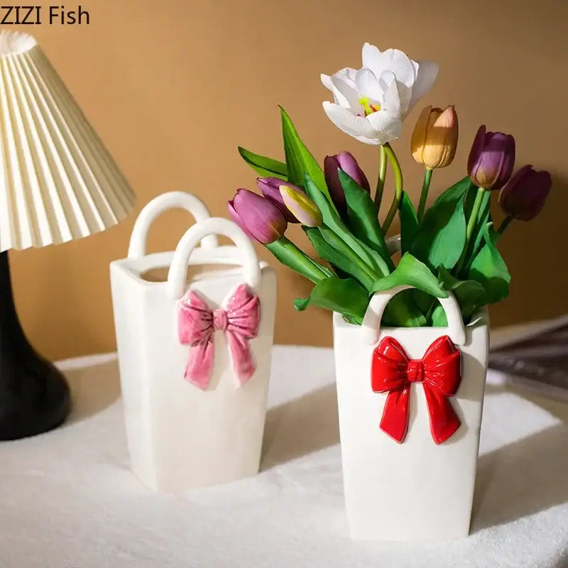 Modern bowknot ceramic vase handbag decor living room flower pot