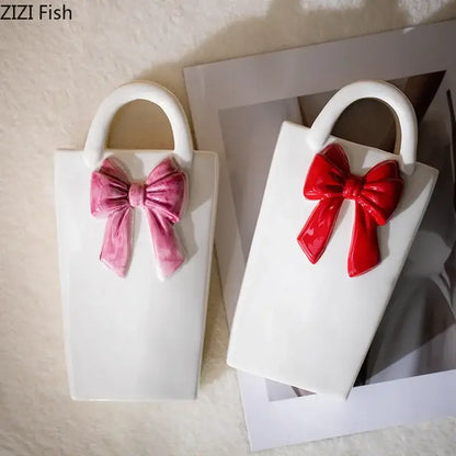 Modern bowknot ceramic vase handbag decor living room flower pot