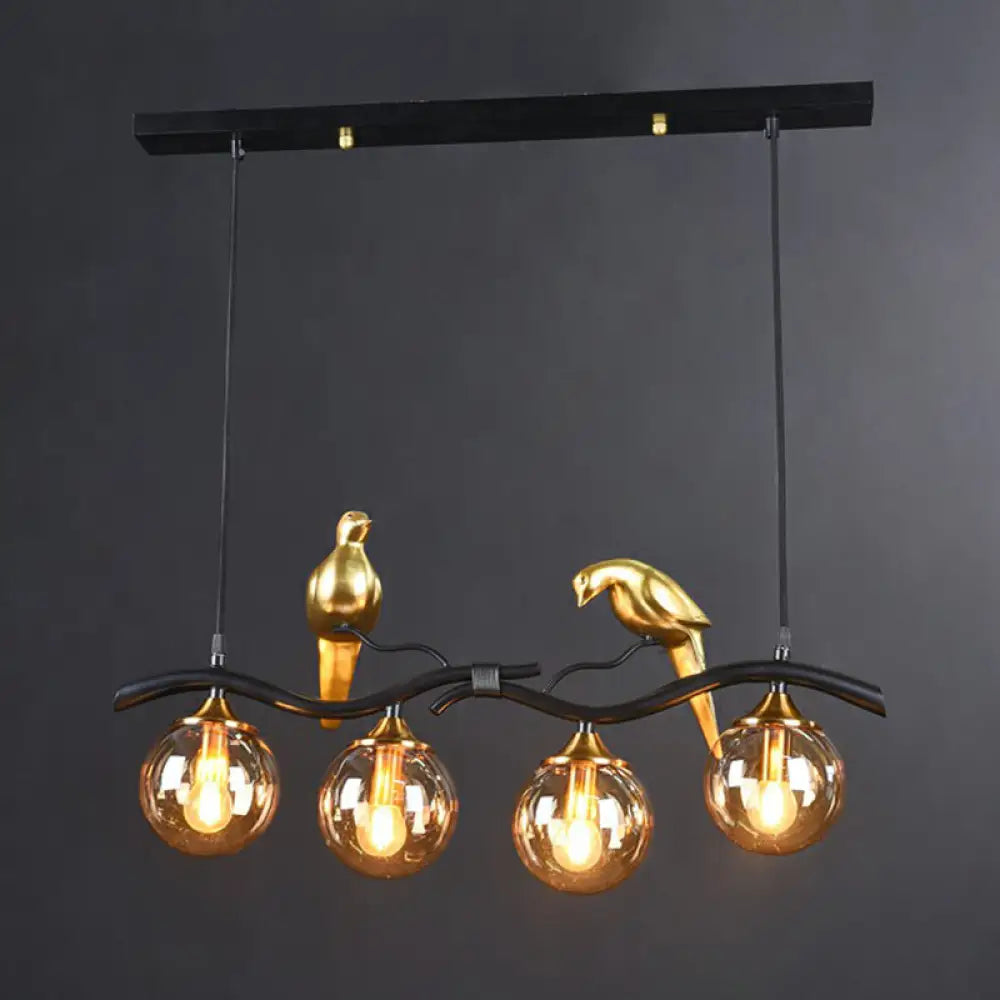 DecorBites™ Modern Branch Island Pendant Light with Ball Glass Shade and Bird Deco - Metal 4-Light Fixture for Dining Room