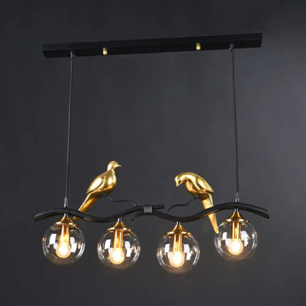 DecorBites™ Modern Branch Island Pendant Light with Ball Glass Shade and Bird Deco - Metal 4-Light Fixture for Dining Room