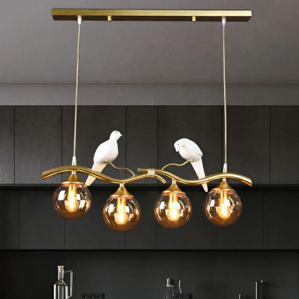 DecorBites™ Modern Branch Island Pendant Light with Ball Glass Shade and Bird Deco - Metal 4-Light Fixture for Dining Room