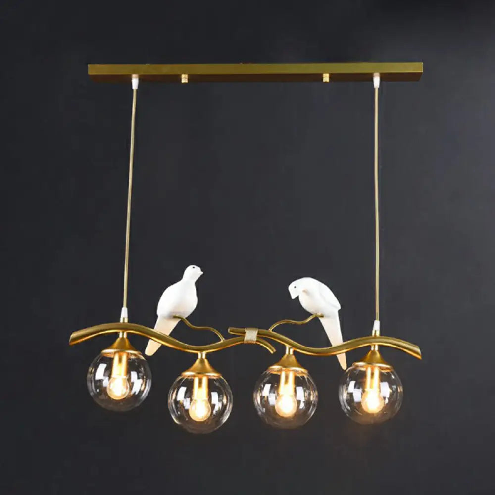 DecorBites™ Modern Branch Island Pendant Light with Ball Glass Shade and Bird Deco - Metal 4-Light Fixture for Dining Room