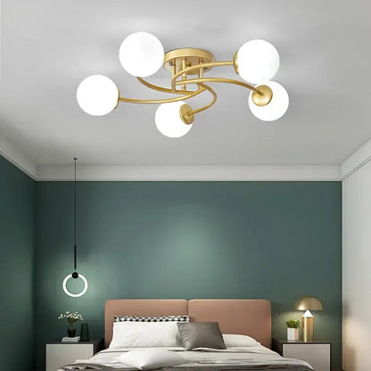 Modern brass 5-light frosted glass bulb ceiling light fixture kitchen