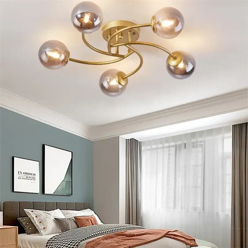 Modern brass 5-light frosted glass bulb ceiling light fixture kitchen