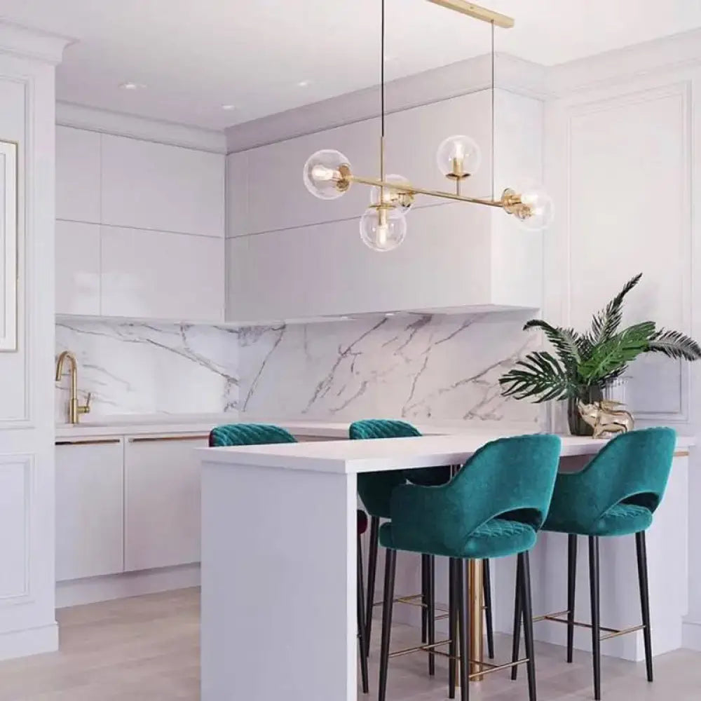 Modern brass 6-bulb island lamp with glass shade for dining rooms