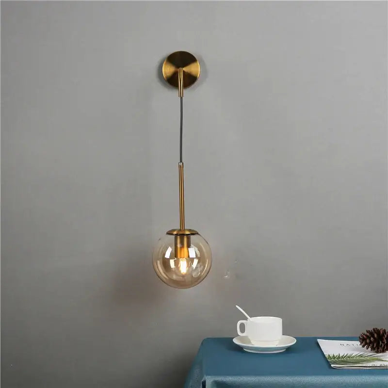 Modern brass amber glass ball wall lamps bedroom light