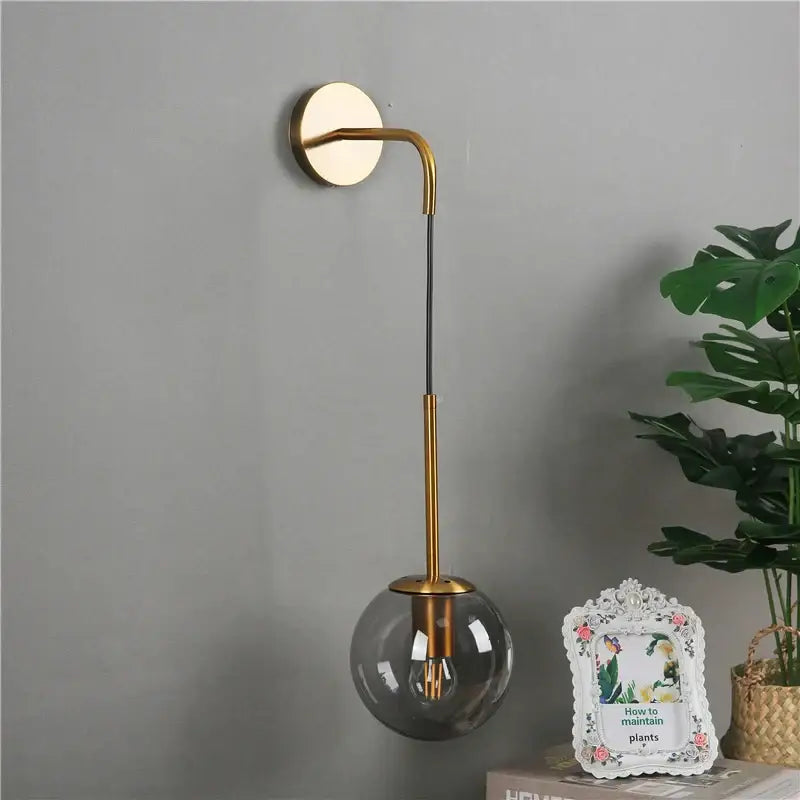 Modern brass amber glass ball wall lamps bedroom light