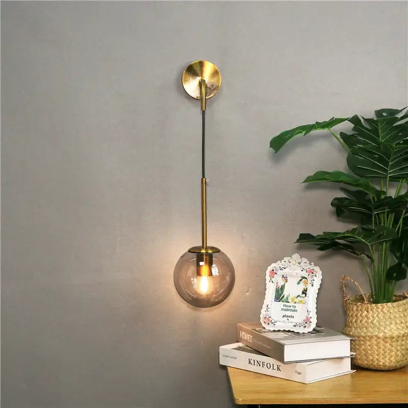 Modern brass amber glass ball wall lamps bedroom light