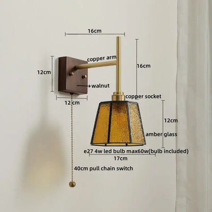 Modern brass and amber glass copper led wall lights bedroom sconce