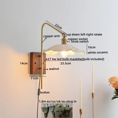Modern brass and amber glass copper led wall lights bedroom sconce