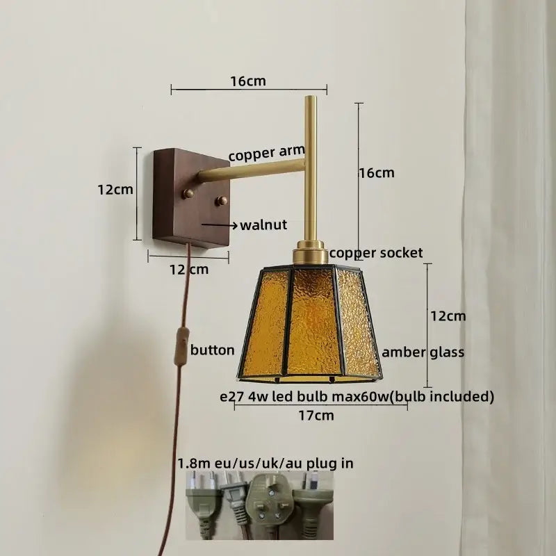 Modern brass and amber glass copper led wall lights bedroom sconce