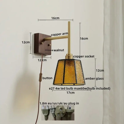 Modern brass and amber glass copper led wall lights bedroom sconce