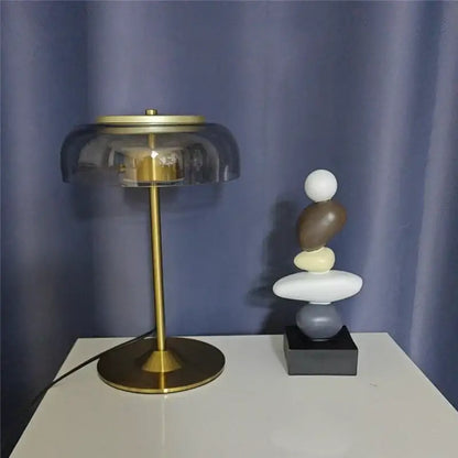 Modern brass and amber glass mushroom table lamp bedroom light