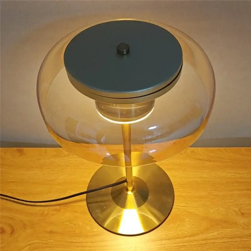 Modern brass and amber glass mushroom table lamp bedroom light