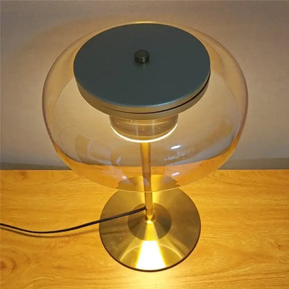 Modern brass and amber glass mushroom table lamp bedroom light