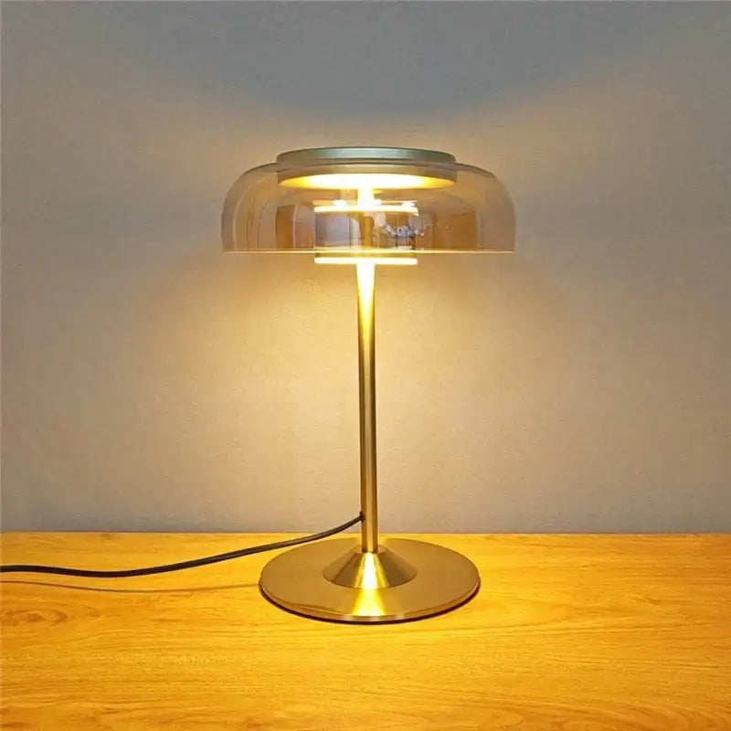 Modern brass and amber glass mushroom table lamp bedroom light