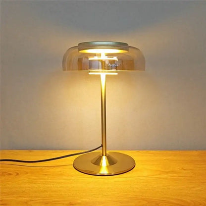 Modern brass and amber glass mushroom table lamp bedroom light