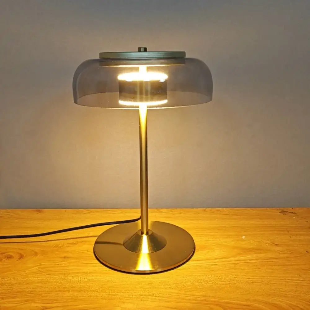 Modern brass and amber glass mushroom table lamp bedroom light