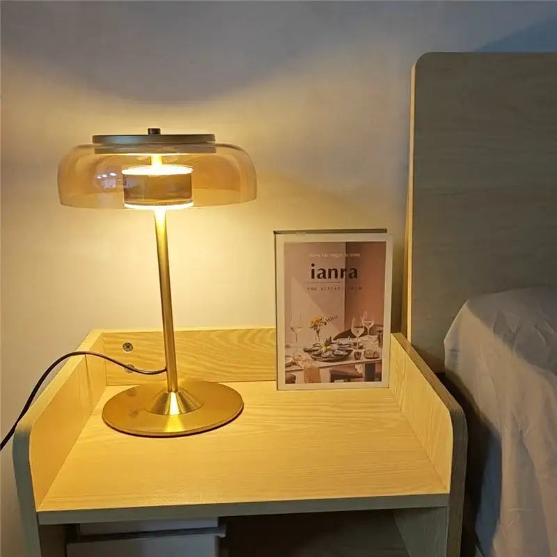 Modern brass and amber glass mushroom table lamp bedroom light