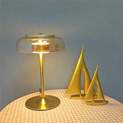 Modern brass and amber glass mushroom table lamp bedroom light