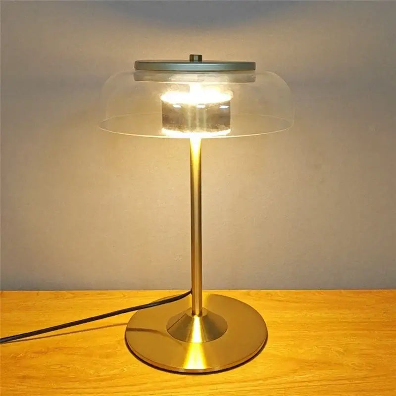 Modern brass and amber glass mushroom table lamp bedroom light