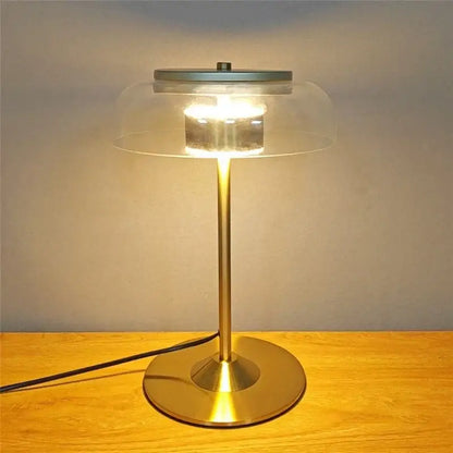 Modern brass and amber glass mushroom table lamp bedroom light