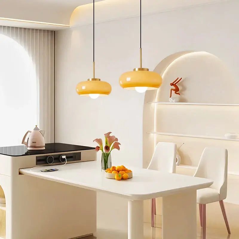Modern brass and amber glass pendant light – kitchen led lighting