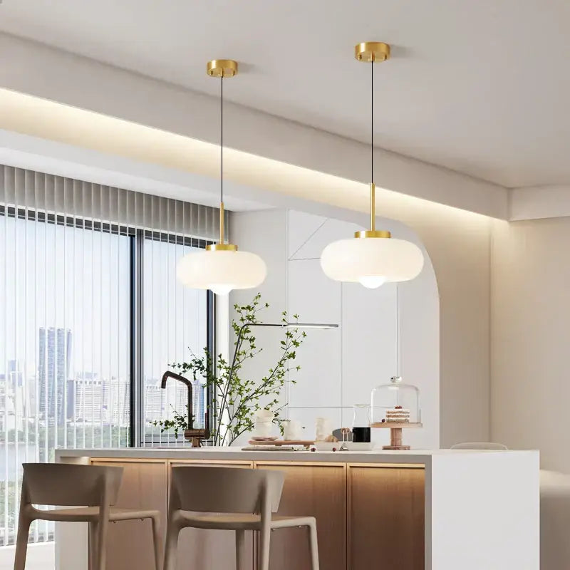 Modern brass and amber glass pendant light – kitchen led lighting