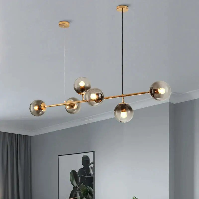 Modern brass and black art glass ball chandelier living room light