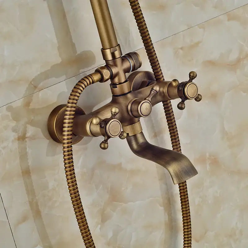 Modern brass and black dual handle shower faucet set bathroom caddy