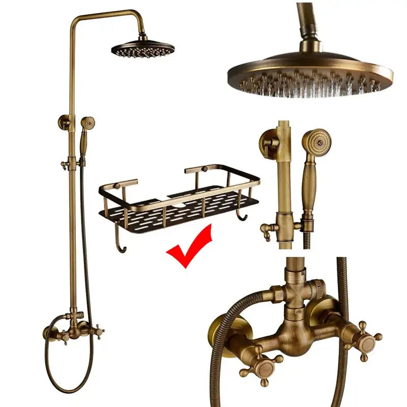 Modern brass and black dual handle shower faucet set bathroom caddy