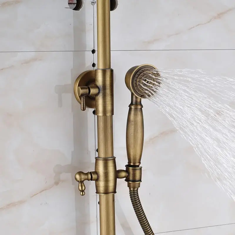 Modern brass and black dual handle shower faucet set bathroom caddy