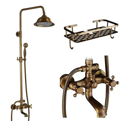 Modern brass and black dual handle shower faucet set bathroom caddy