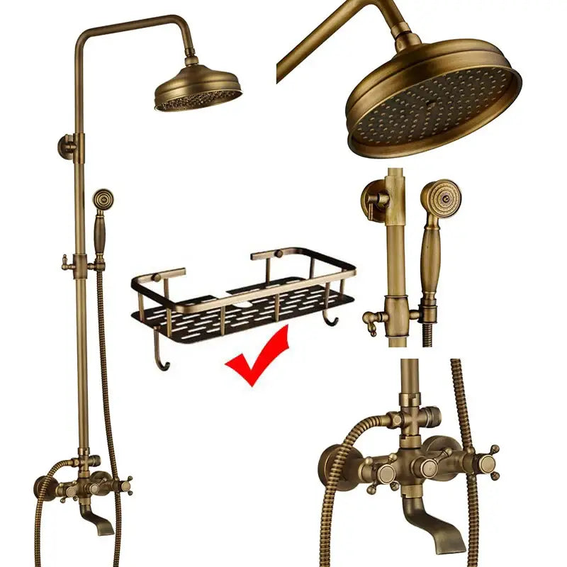 Modern brass and black dual handle shower faucet set bathroom caddy
