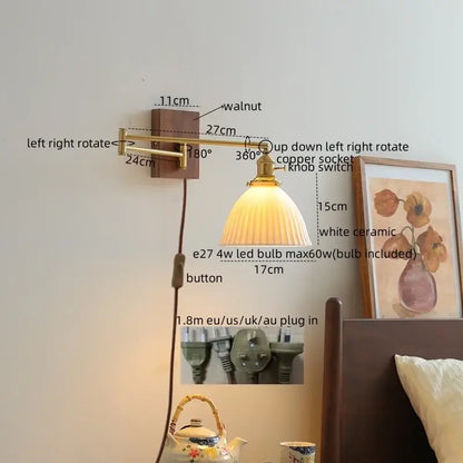 Modern brass and ceramic walnut led wall lights for bedroom living room