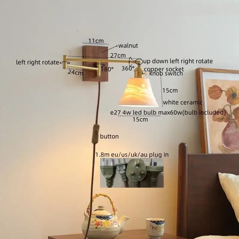 Modern brass and ceramic walnut led wall lights for bedroom living room