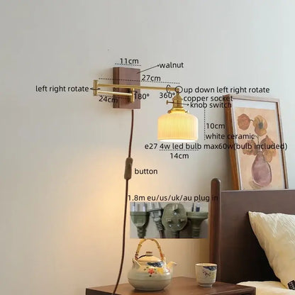 Modern brass and ceramic walnut led wall lights for bedroom living room