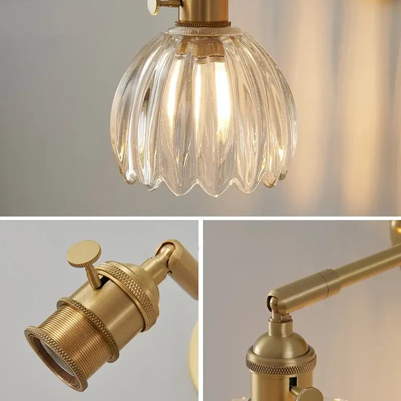 Modern brass and clear glass wall lights – bedroom rotating sconce