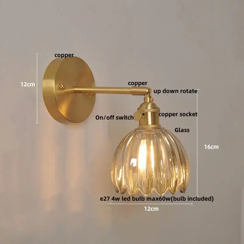Modern brass and clear glass wall lights – bedroom rotating sconce