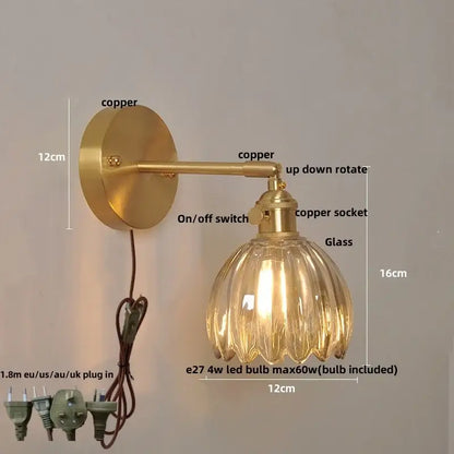 Modern brass and clear glass wall lights – bedroom rotating sconce