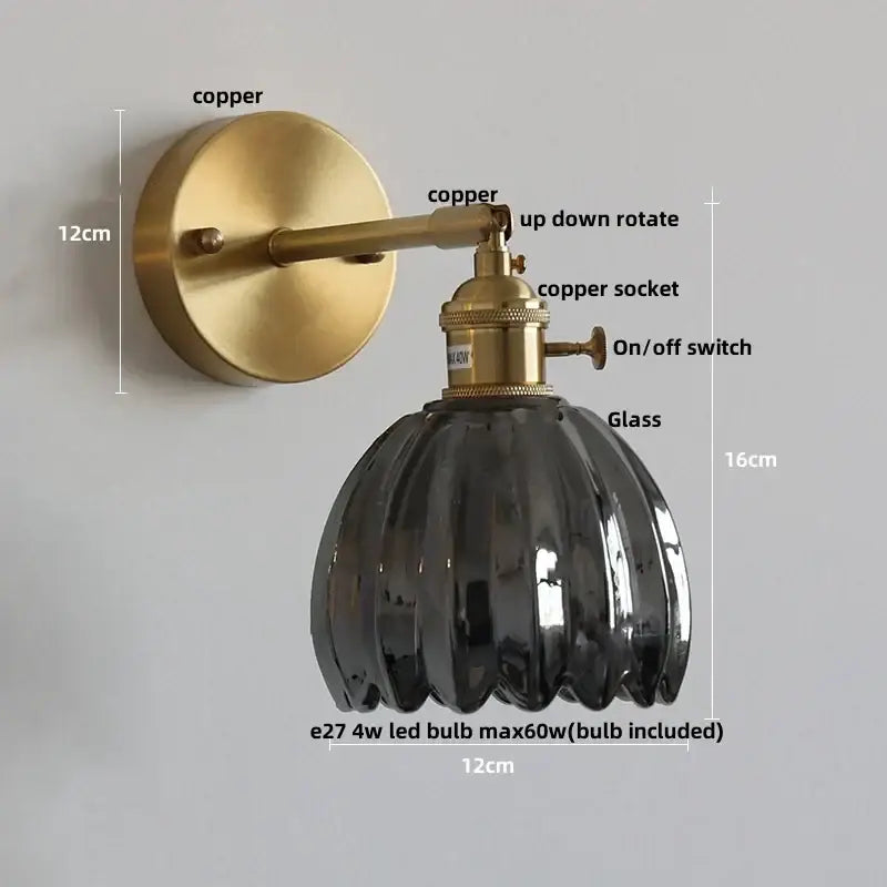 Modern brass and clear glass wall lights – bedroom rotating sconce