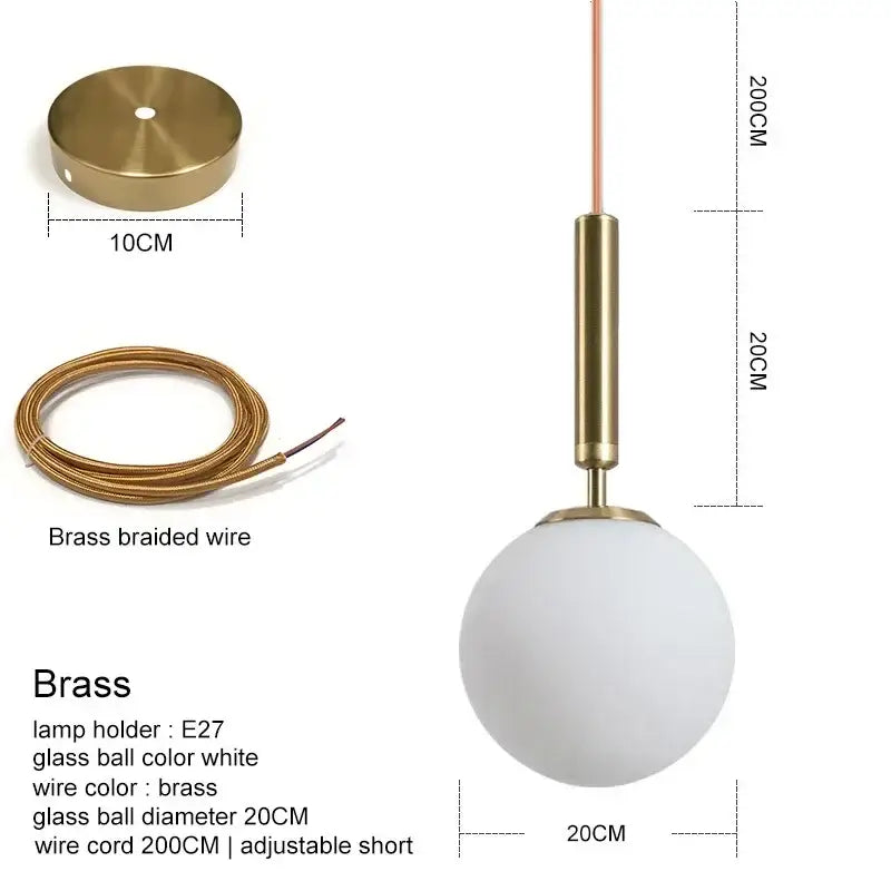 Modern brass and frosted glass ball pendant light for dining room