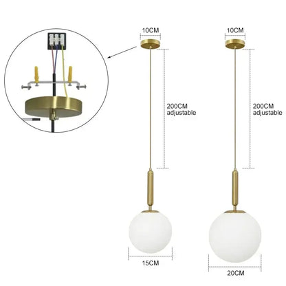 Modern brass and frosted glass ball pendant light for dining room