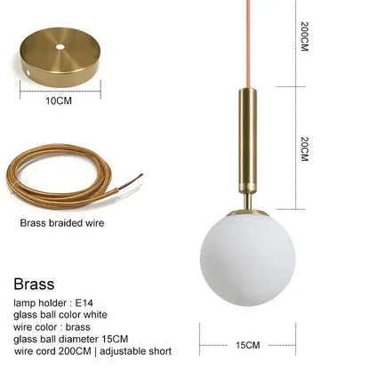 Modern brass and frosted glass ball pendant light for dining room