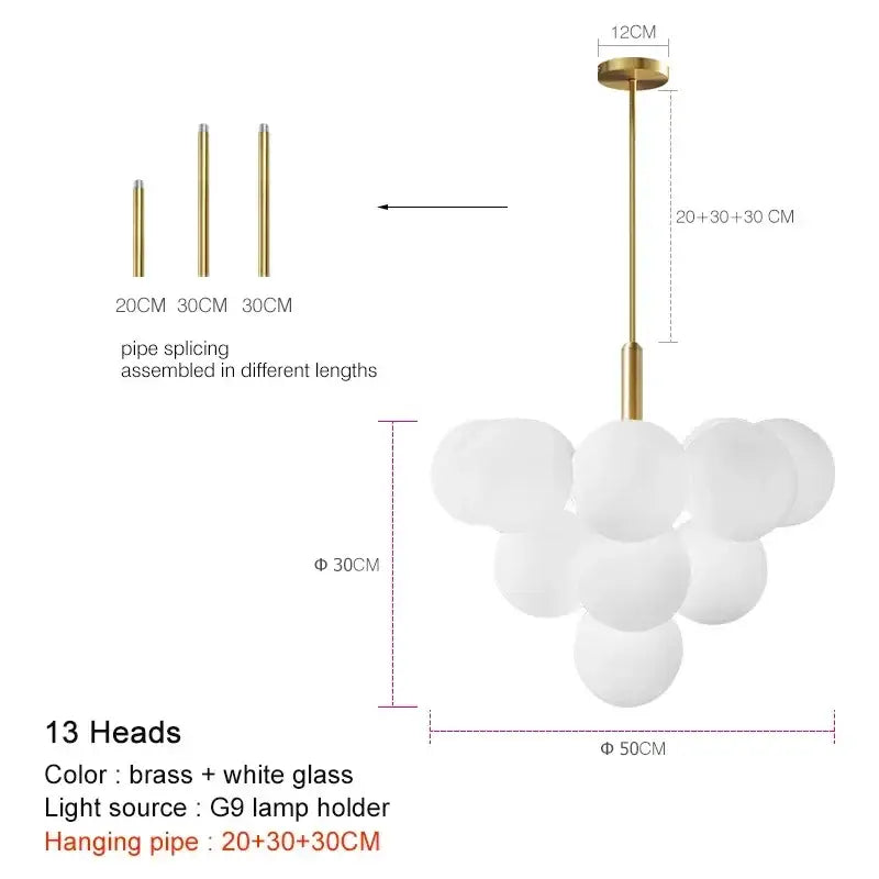 Modern brass and frosted glass chandelier for living room dining decor