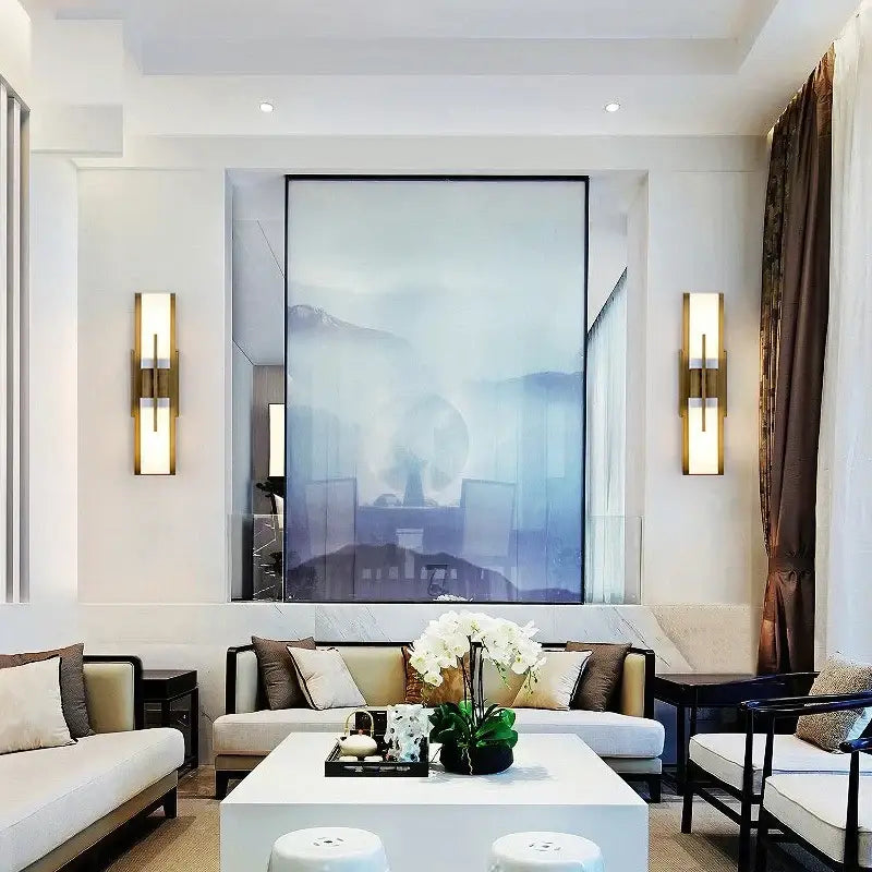 Modern brass and frosted glass led wall lights for living room