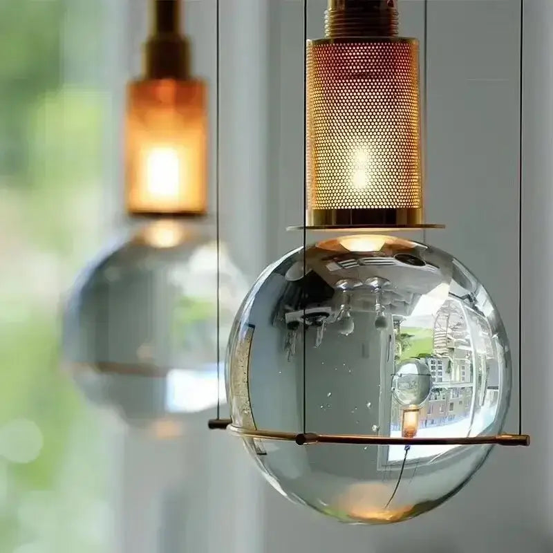 Modern brass and glass crystal ball led pendant light dining room