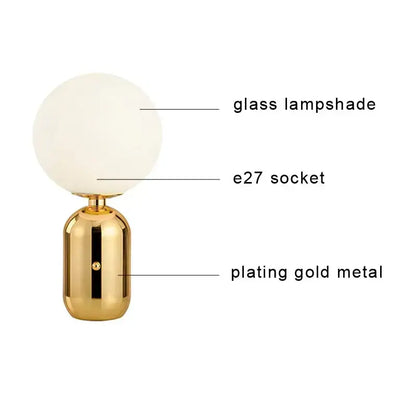 Modern brass and glass desk lamp for bedroom with spherical shade